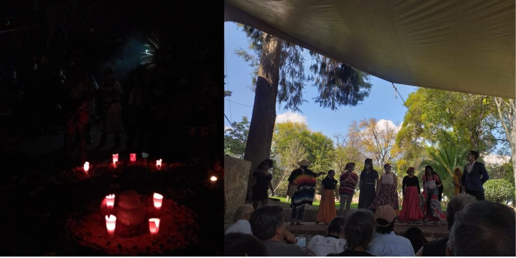 lado izquierdo, parte de un ballet prehispanico durante una presentación. lado derecho, parte de una compañia teatral durante una puesta en escena, ambos dentro del marco de presentaciones artisticas del festival de dia de muertos en tepotzotlan. 